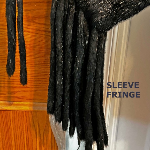MINK JACKET, KNITTED, FRINGED BOTTOM, BLACK, MISSES MEDIUM, FRINGED SLEEVES, FUR - Picture 3 of 12